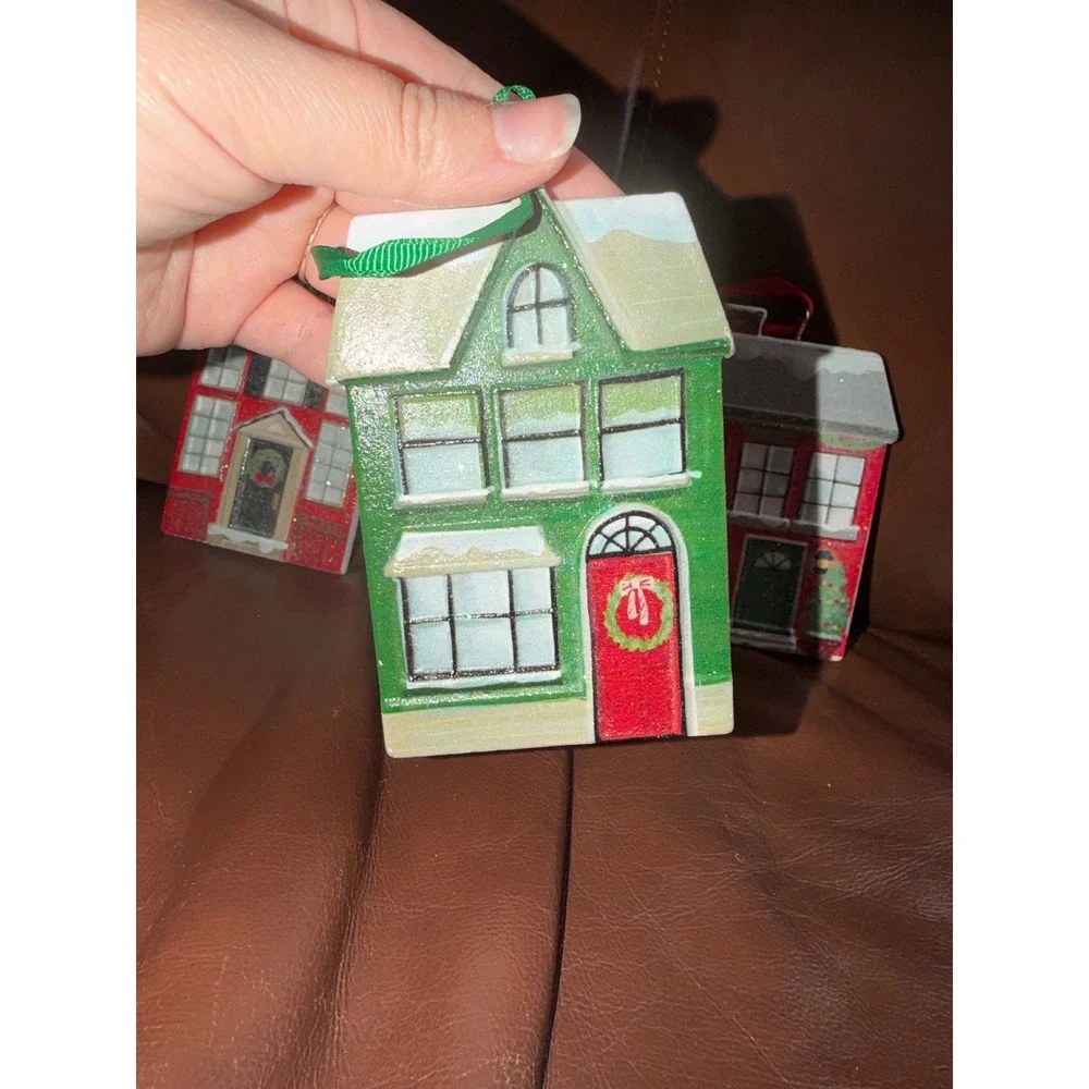 Set of 2 Christmas Wooden House‎ Ornaments Red Green Glitter Holiday Decor